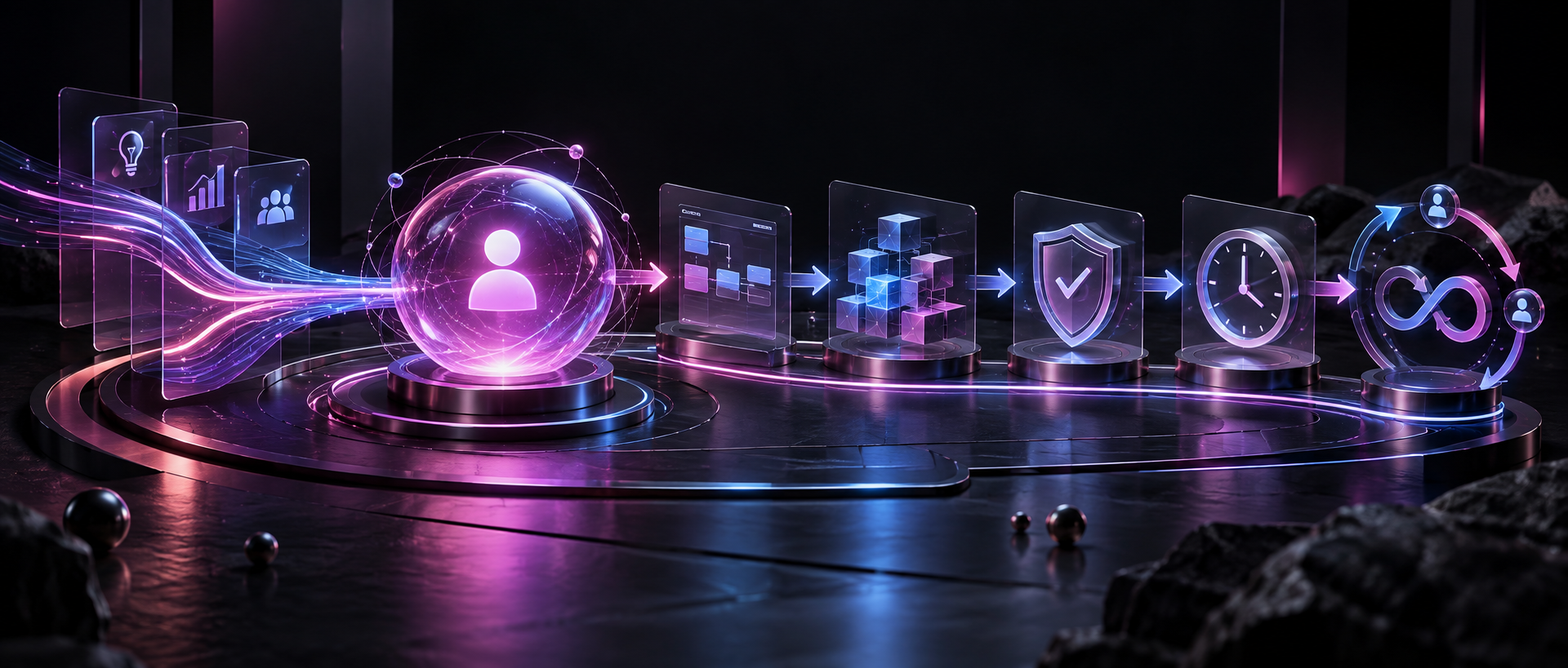 Client-focused digital delivery workflow connecting agile development, scalable systems, quality assurance, timely delivery, and continuous support